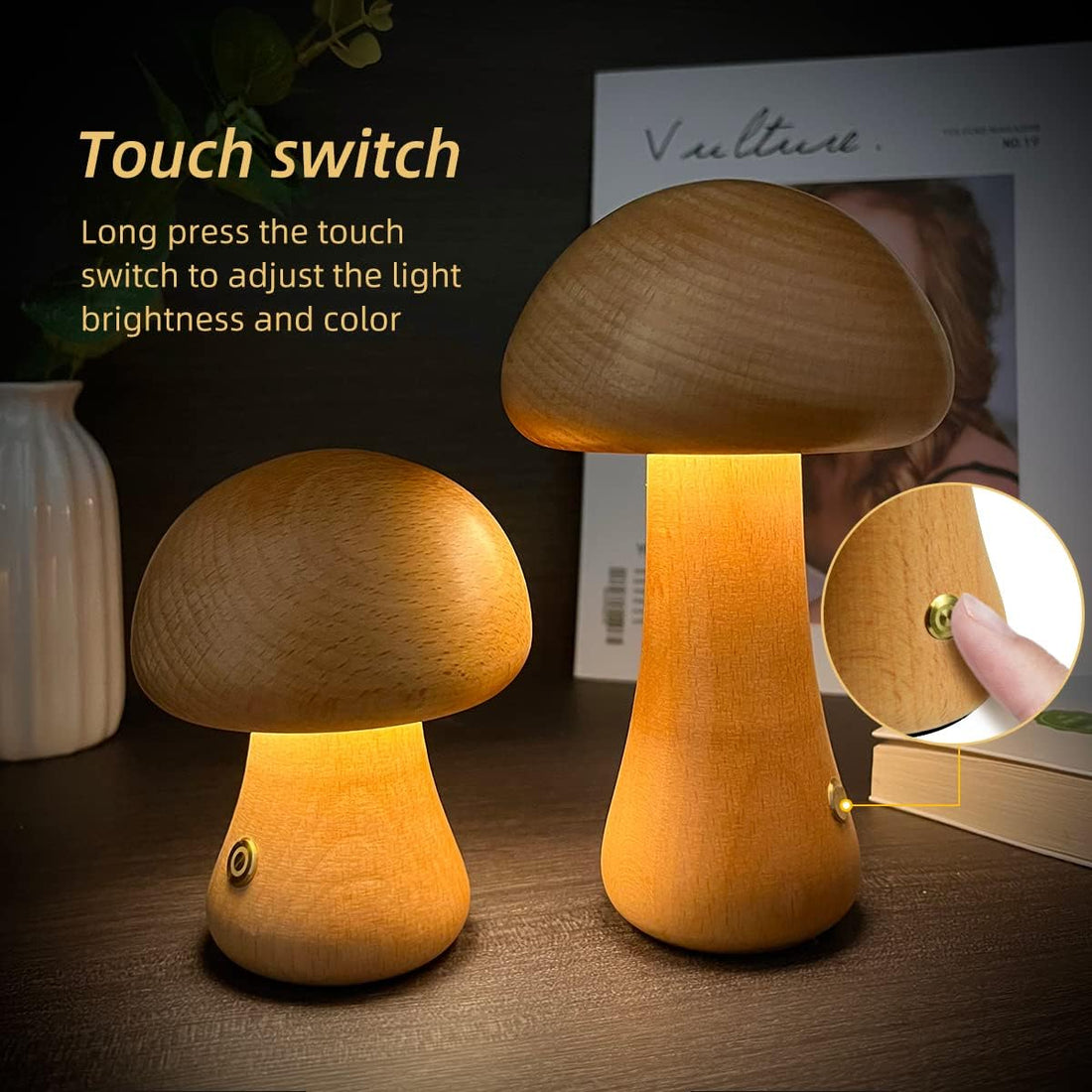 Wooden Mushroom LED Night Light – Touch Switch Bedside Lamp