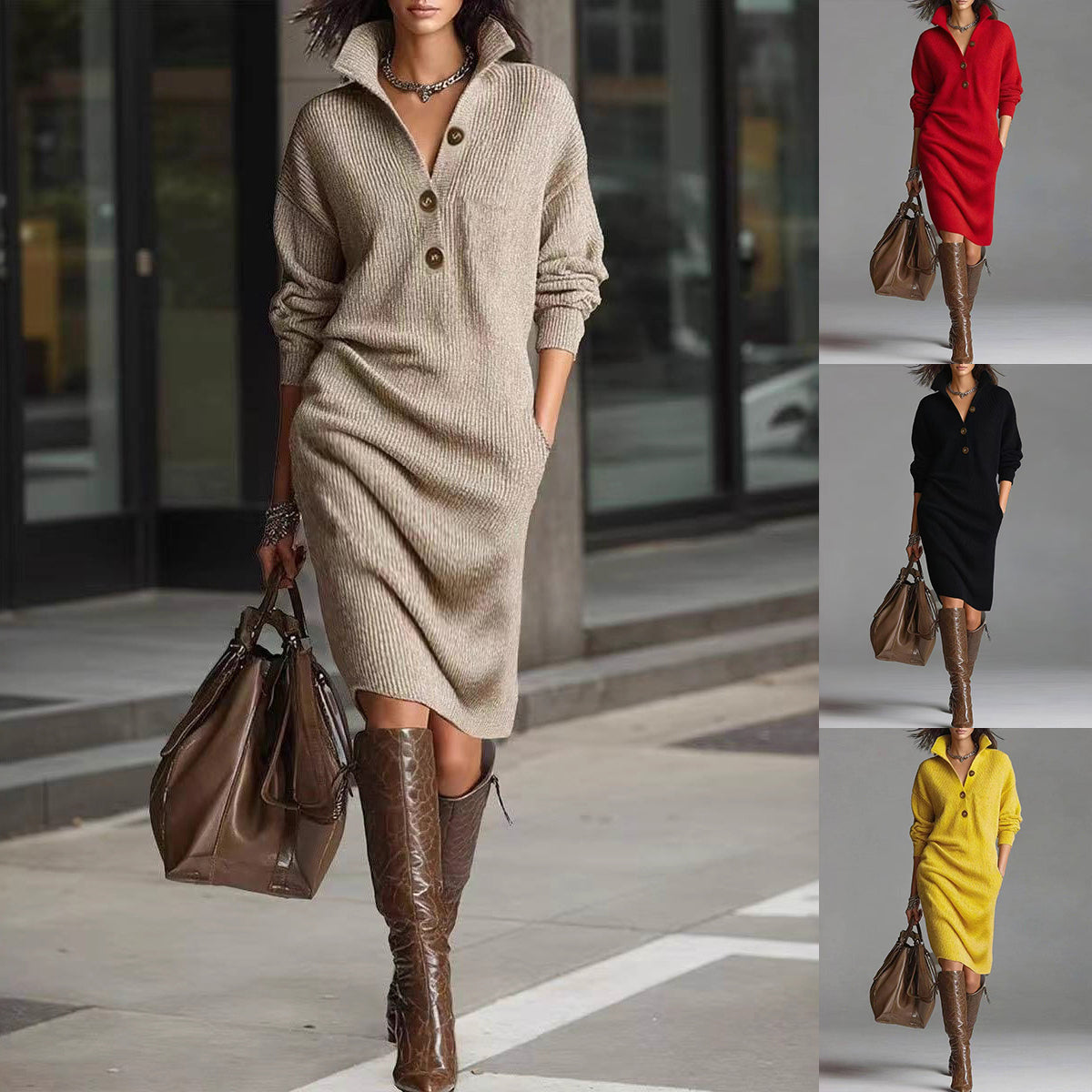 AutumnEase Winter Women’s Loose Knitted Sweater Dress with Lapel Long Sleeve Collar